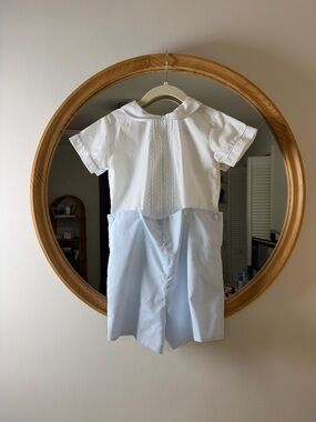 Baby Boys White & Light Blue Button-Front Romper